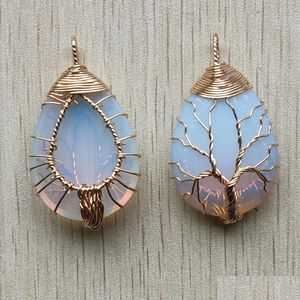 Charms Gold Color Opalite Opal Wire Wrap Handmased Tree of Life Natural Stone Pendants Diy Necklace Jewelry Making Drop Delivery Hitta Dhafx