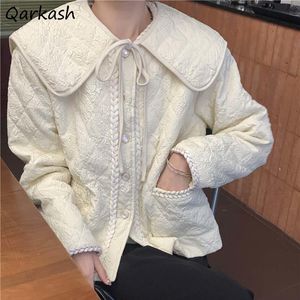 Parkas Women Short Style Parkas Sailor Collar Argyle Folds Sweet Temperament Single Breasted Coats Winter Buttons Pockets Ulzzang Parka