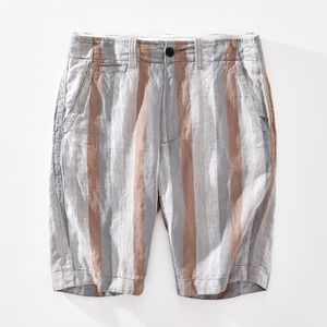 Mäns shorts Summer Kontrast randiga shorts för män Pure Linen Lightweight Beach Straight Loose Button Up Short Pants 230503