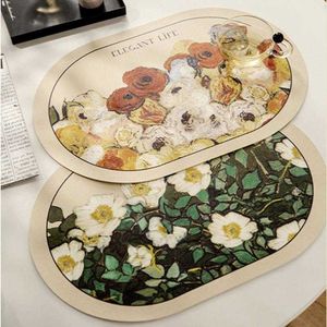 Mats Pads Leather Good Resilience Dining Table Mat Retro Artistic Western Style Place Mat Heat Insulation Mat Mats Oval 1pcs Flowers Z0502