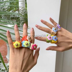 Band Rings Fashion Color Flower Simple Fresh and Cute Acrylic Resin Ladies Party Finger Jewelry Gift Y23