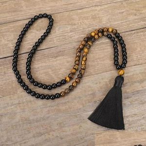 Pendant Necklaces 108 Prayer Beads Mala Tassel Necklace Healing Tiger Eye Stone Beaded Black Onyx Yoga Meditation Gift Drop Dhgarden Dh0H9