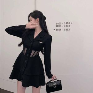 Casual Dresses Fall Fashion Little Black Suit Dress Vintage Sexy Sheer Hollow Waist A Line Mini Blazer Long Sleeve Elegant Party