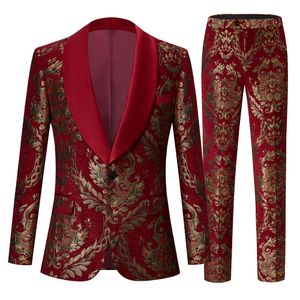 Ternos masculinos Blazers Mens Claret Red Suits Groom Noivo Smoking Business Bom vestido Tuxedo Blazer floral Slim Fit Groomsmen Festume de festa Homme 230503