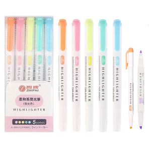 Avantajlar 5 PCS Kawaii Fosforlu Kalemler Çift İpuçları Şeker renk manga işaretleri Midliner pastel vurgulayıcı set kırtasiye 230503