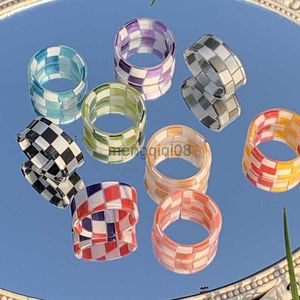 Band Rings New Ins Creative Cute Stitching Plaid Open Resin Ring Simple Checkered Geometric For Women Girls Fashion Jewelry Gift Y23