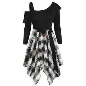 Casual Dresses Cooeverly Plus Size Women Plaid Skew Neck Belted NeckerChief Mini Dress Sundress Elegant för 2023