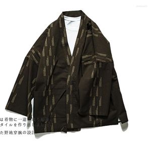 Herrjackor randmönster män bomullslinne tunn kimono jacka vintage 2023 vår sommar tre kvart ärm japanska haori