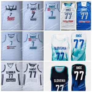 Mens New Slovenya Luka Doncic 77 Basketbol Formaları Mavi Unicersidad Europea 7 Madrid White Jersey Gömlekler S-XXL