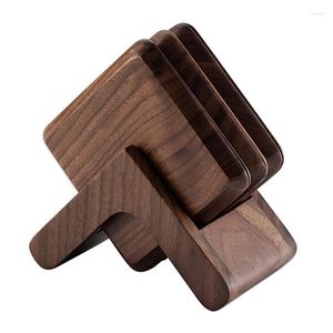 Table Mats 6Pcs Coasters Square Wood Cup Mat Drink Coffee Pad Tea Set With Holders Placemats Kitchen Accessories