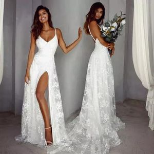 Hochzeitskleid Andere Kleider Strand V-Ausschnitt Seitenschlitz Boho Spitze A-Linie Spaghettiträger Braut Robe De Mariee Sexy BrautkleiderAndere