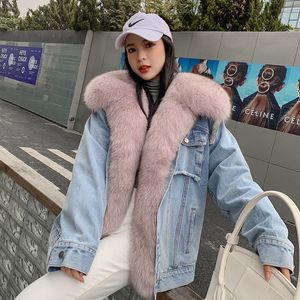 Kürk denim ceket kadınlar 2022 kış yeni Kore kısa gündelik tilki kürk yaka parka tek kırpılmış gerçek kürk ceket çıkarılabilir iç iç