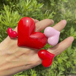 Band Rings Romantic Sweet Heart for Women Cute Red Pink Finger Fashion Girls Acrylic Geometric Big Party Jewelry Y23