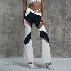 سراويل جينز للسيدات سراويل امرأة شارع الشارع باددي ملابس الصيف أزياء مثيرة جوفاء على النقيض من اللون y2k النمط بنطلون الملابس الكورية T230503