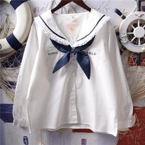 Рубашка японская Лолита, белые рубашки, женские винтажные кружевные топы с рюшами принцессы для девочек-подростков, матросский воротник на пуговицах, милая школьная форма, блузка