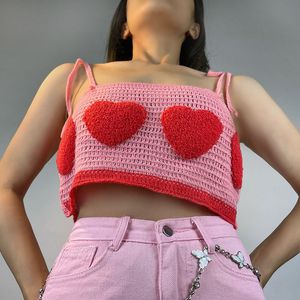 Camisoles Tanks Cute Heart Flocking Crochet Top Y2K Aesthetics Fairycore Kawaii Knitted Lace Up Strap Cropped 2000s Retro Women Cami Top Clothes 230503