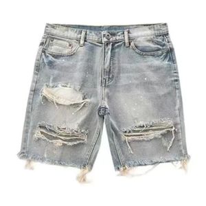 Herr designer kort jean sommar denim vintage mager hål hög gata slitage halv byxa knä längd