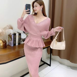 Zweiteiliges Kleid Frauen V-Ausschnitt Helle Seide Einfarbig Strickhemd Pullover Hohe Taille Tasche Gesäß Langer Rock Anzug Weibliches Zweiteiler 230503