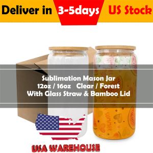 Stock US-Sublimationsrohlinge, Glas-Einmachglas-Bierkrüge mit Bambusdeckel, Strohhalm, DIY, mattierte, klar geformte Becher, Tassen, Wärmeübertragung, 16 Unzen, 12 Unzen Schwanz, Eiskaffee