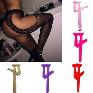 Women Socks Sexy Rhinestone Sockings Four-Sided Hollow Out Fishnet Net Tigh High Pantyhose Open Crotch Free Off-Net Tight