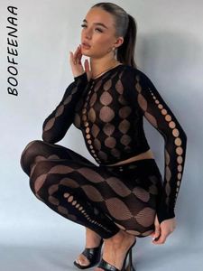 Hosen BOOFEENAA Zweiteilige Hosen-Sets mit ausgehöhltem Strick, sexy schwarze Nachtclub-Baddies-Outfits, durchsichtiges Oberteil und Leggings-Strumpfhosen C87BE10