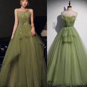 Party Dresses 14103#2023 Fairy Green A Line Long Prom Axeless med 3D Flowers veck Tulle Corset Lace Up Back Evening Clows
