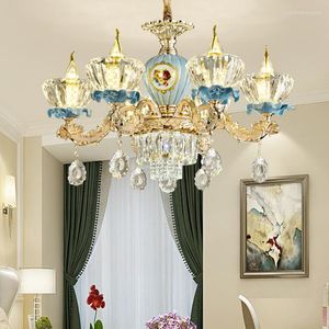 Żyrandole kryształowy ceramiczny retro złoty żyrandol europejska lampa stołowa salon sypialnia sypialnia jasna szklana willa dupleks wiszący światła