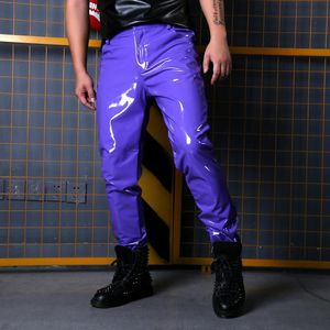 Suits Fashion Show Singer Dancer Hip Hop Style Slim Fit Trousers Custom Made Stage Costumes Men Purple Casual Leather Pant Male