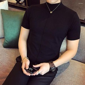 Men's T Shirts Spring Summer Boutique Fashion Solid Color Knitted Mens Short-sleeved T-shirt Half High Collar Sweater Pullover Shirt