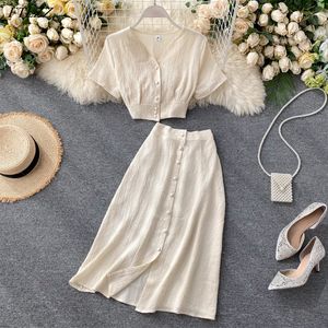 Two Piece Dress FTLZZ Summer Women Casual V Neck Single Breasted Crop Tops High Waist A-line Solid Color Skirt Two Piece Set 230503