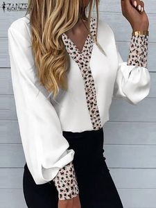 BLOUSE ZANZEA 2022 STYLA SPRING TOPS Women Patchwork Leopard Blues Female Tunic Chemise Oversize Casual Long Sleeve V Neck Blusas