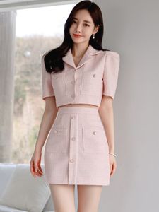 Two Piece Dress Korean Elegant Fashion OL Small Fragrance Tweed Two Piece Set Women Jacket Coat Skirt Suits Y2K French Summer 2 Piece Outfit 230503