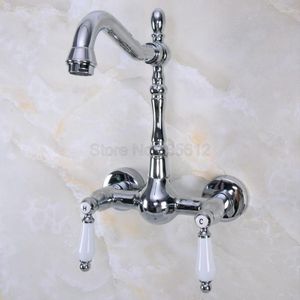 Kitchen Faucets Polished Chrome Swivel Spout Bathroom Basin Faucet / Wall Mounted Dual Handles Vessel Sink Mixer Taps Tnf961