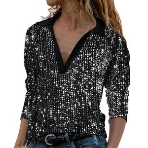 Women's T Shirts Womens Athletic Tee Sequined Fashion Stitching Long-sleeved Lining V-neck Top Blouse Summer ShirtsWomen