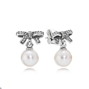 White Pearl Pendant Sparkling Bow Stud örhängen för Pandora 925 Sterling Silver Wedding Party Earring Set för Women Sisters Gift Luxury Earring With Original Box