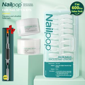 False Nails Nailpop 600pcsbox unhas falsas com kit de cola caixão quadrado de amêndoa curta longa prensa falsa nas dicas de unhas cápsula americana francesa 230428