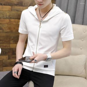 Men's T-skjortor 2023 Summer Mens Trendy Zipper Hooded T-shirt White Slim Fit StandSome Clothing Tight Fashionable Short-Sleeves Tee Black