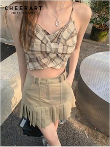 Camis Cheeriart Classics Plaid Haki Crop Cami Üstleri Kadınlar 2022 Sırsız Bow Bustier Yaz Moda Top Kıyafetleri Camisole