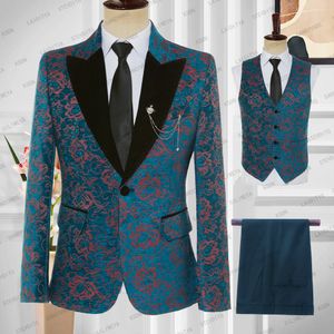 Men's Suits Blazers Costume Homme Luxury Party Men's Suit Blue Red Jacquard Black Velvet Lapel Slim Fit Tuxedo 3 Pcs SetJacket Pants Vest 230503