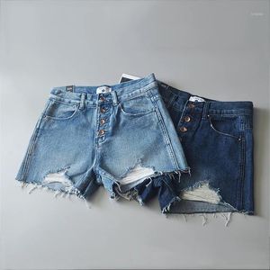 Frauen Jeans Sommer Mode Stil Weibliche Taste Hohe Taille Denim Shorts Frauen Casual Blau Getragen Grat Loch Mädchen Kurze