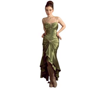 Women's Prom Dress Spaghetti Straps Mermaid Green Prom Gown Satin Sleeveless Hi-lo Pleat Sexy Party Dresses for