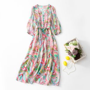 2023 Summer Pink Contrast Color Belted Silk Dress 3/4 Sleeve V-Neck-knappar Single-Breasted Casual Dresses C3A250008