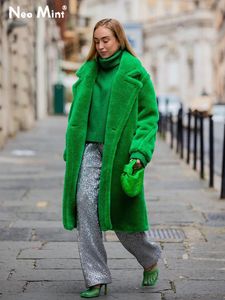 Jackets Trendy 2022 Winter Women Green Teddy Bear Icon Coat Thicken Warm Oversized Long Faux Fur Coats Jacket Women Outerwear Overcoats