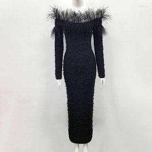 Casual Dresses 2023 Fashion White Black Beading Elegant Celebrity Feather Women Bandage Evening Party Dress Long Sleeve Off Shoulder