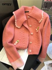 Sweaters Dirves Tatlı Tatlı Kadın Kazak Pembe Peter Pan Yaka Tek Göğüslü Kore Moda Sevimli 2022 Bahar Sonbahar Örme Giysileri