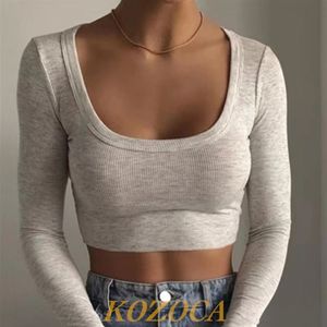 Damen T-Shirt Mode Damen Scoop Neck Rib Crop T-Shirt Y2K Baumwolle Strickripp Crop Tops Langarm Slim Tee Base T-Shirts Damen Kleidung 230503