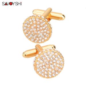 Cuff Links SAVOYSHI Brand Shirt Cufflinks for Mens Cuffs High Quality Round Crystals Cuff links Gift Male Jewelry Free Engraving Name 230428