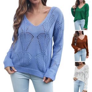 Women's T Shirts Women's Winter Hollow Leaf V-neck Long-sleeved Knitted Sweater Casual Top