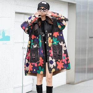 Women's Jackets Floral Printed Patchwork Jeans Shirt Cardigan Long Sleeve Denim Spliced Outfit Women High Street Open Stitch