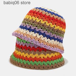 Stingy Brim Hats Kvinna virkade handgjorda ull randiga regnbågar stickad hink hatt cap T230503